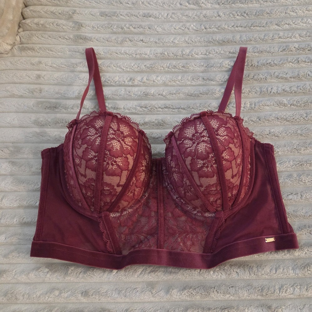 Adore Me Burgundy Lace Push Up Corset Bra Longline Underwire Lingerie Size 38C